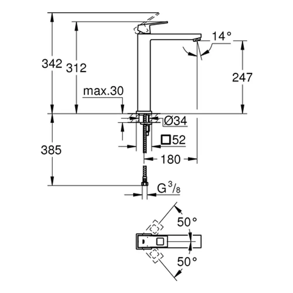 Grohe Armatur mit einer hohen, rechteckigen Form für freistehende Waschschüsseln. Technische Skizze mit Maßangaben und Anschlussdetails.