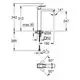 Grohe Armatur mit einer hohen, rechteckigen Form für freistehende Waschschüsseln. Technische Skizze mit Maßangaben und Anschlussdetails.