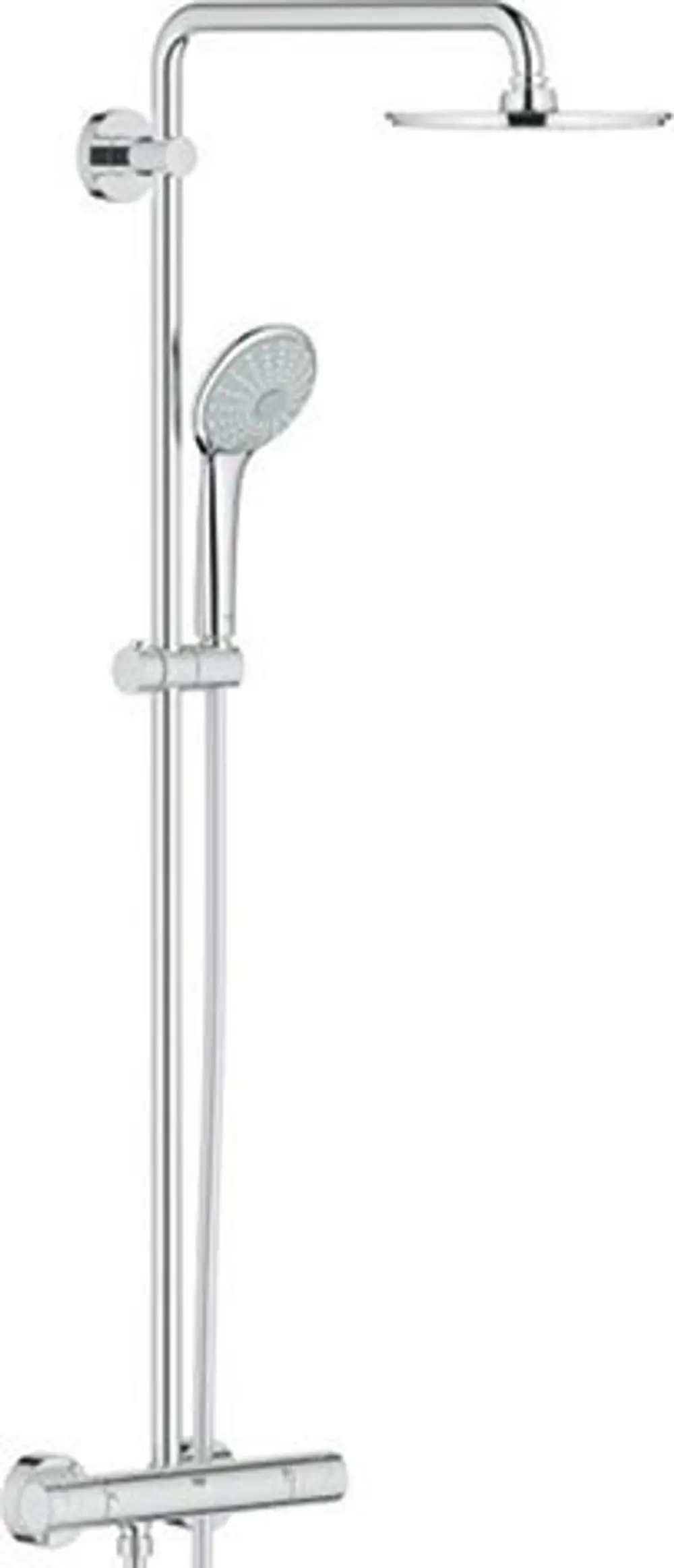 Duschsystem von Grohe mit Handbrause und Regendusche, bestehend aus verchromten Komponenten und einer Thermostatbatterie zur Regelung der Wassertemperatur.