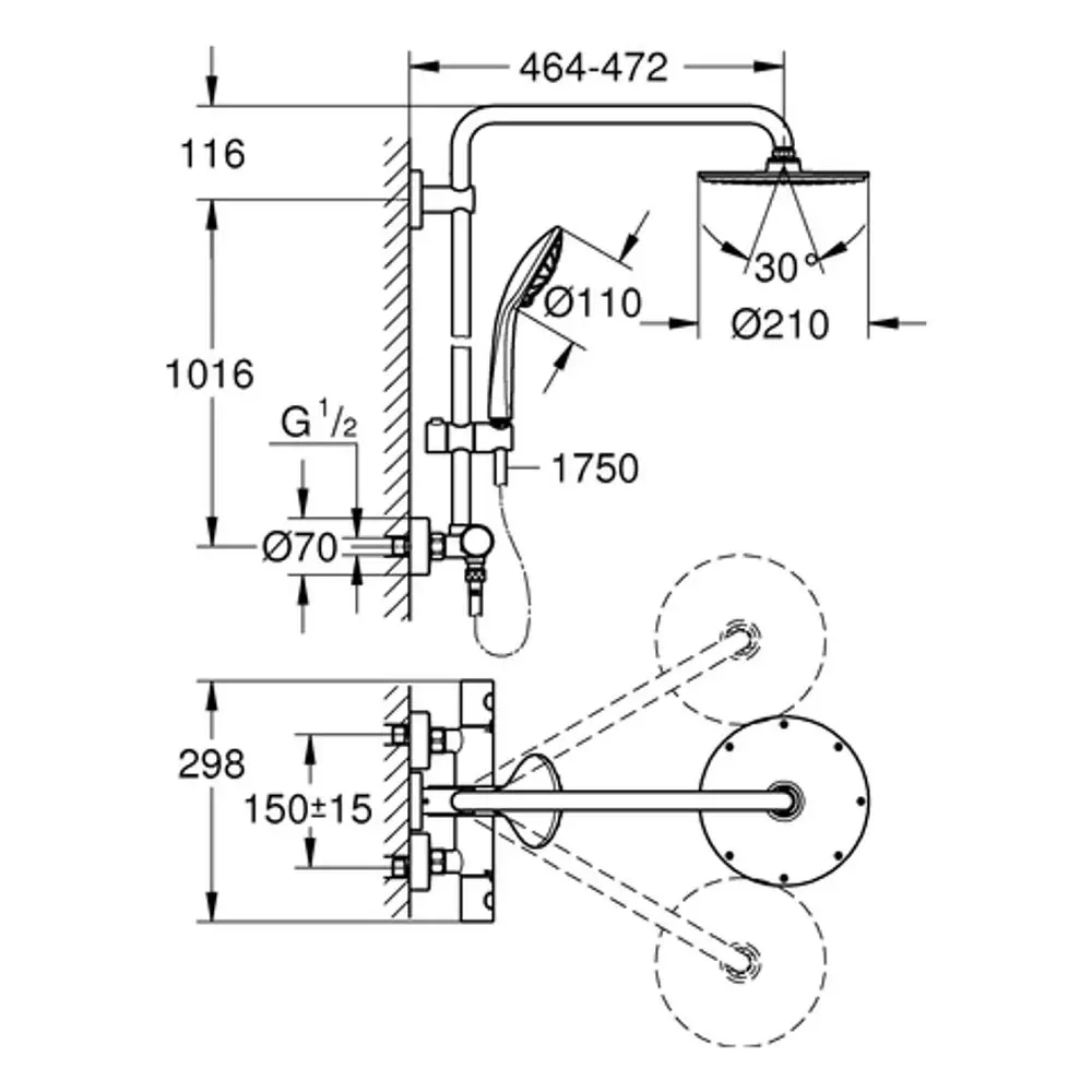 Duschsystem von Grohe mit Kopfbrause und Handbrause, verbunden mit Thermostatbatterie. Wandmontage und verschiedene Rohrdimensionen sind abgebildet.