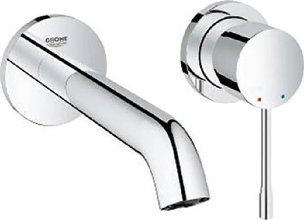 Wandmontierte, verchromte Armatur von Grohe mit zwei Bedienelementen und einem langen Auslauf. Eignet sich für moderne Badezimmer.
