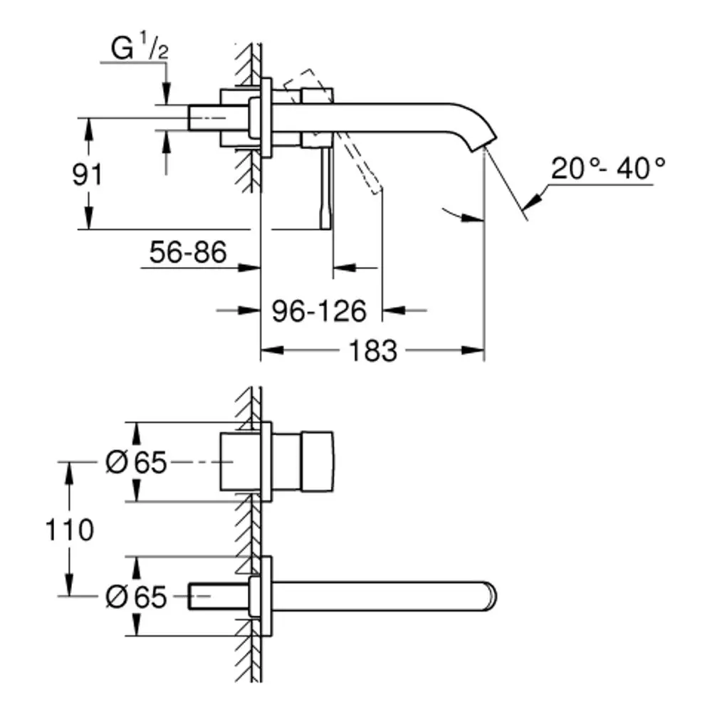 Wandbatterie von Grohe mit zwei Löchern, seitlichem Hebel und einem Auslauf, der in einem 20°-40° Winkel positioniert ist. Maße und Anschlüsse sind schematisch dargestellt.