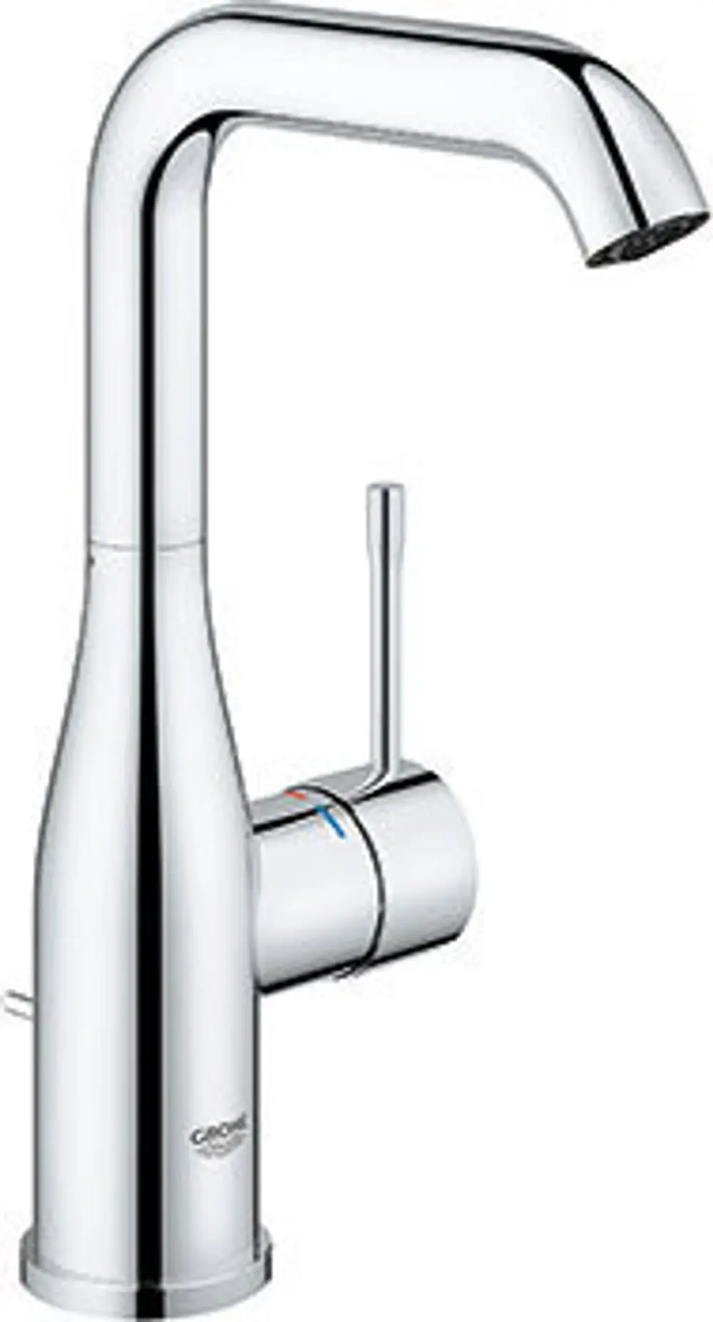 Chromfarbener Grohe Wasserhahn mit einem schwenkbaren U-Auslauf und einem Hebel zur Temperatur- und Durchflussregulierung.