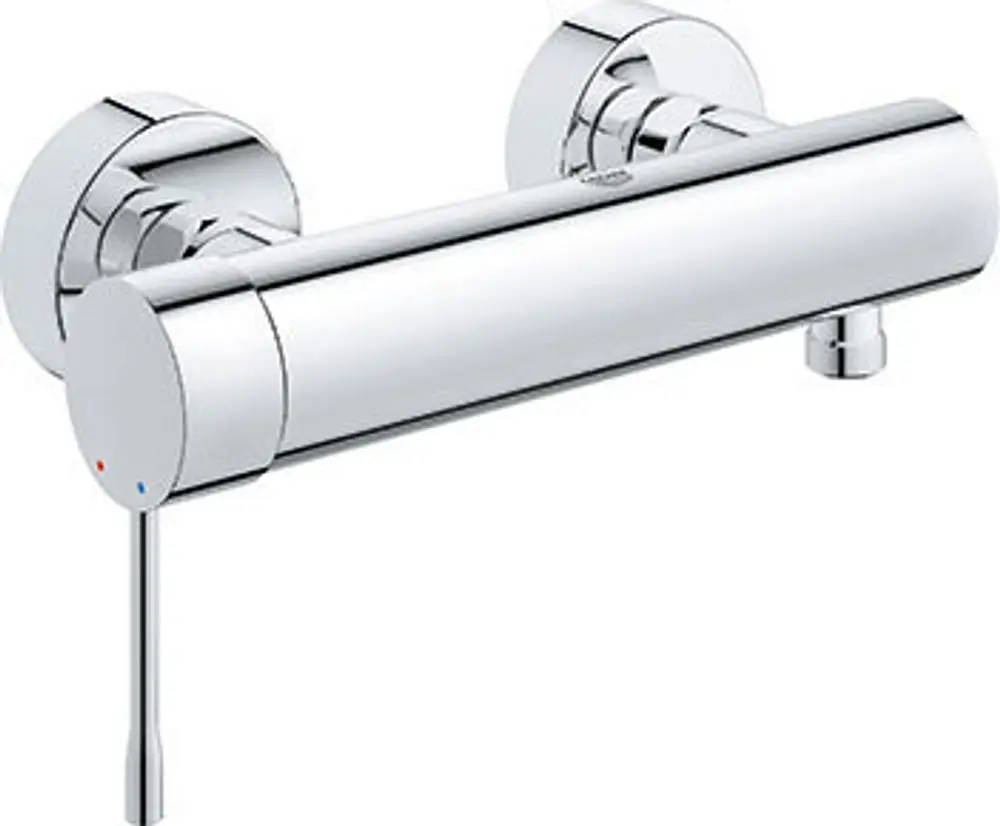 Wandmontierte Grohe-Brausebatterie in chromfarbenem Finish. Enthält einen Regler zur Temperatur- und Wassermengensteuerung.