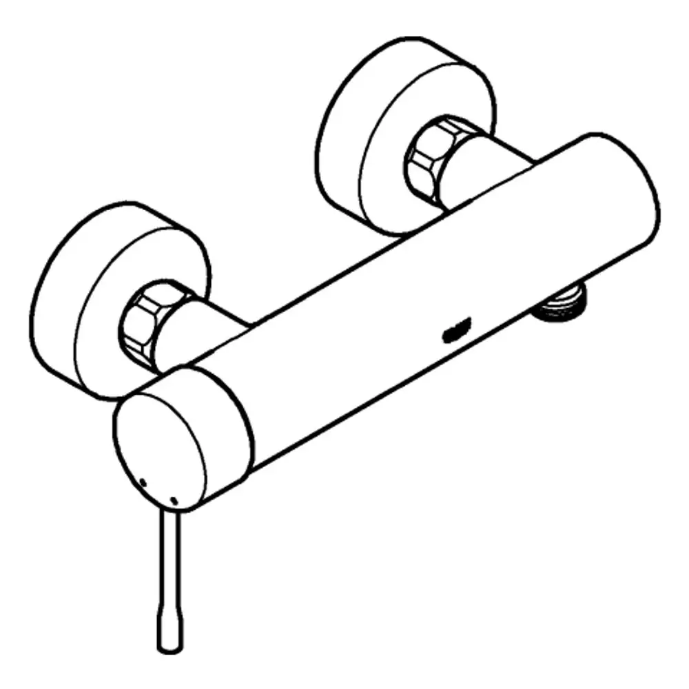 GROHE Brausebatterie mit zwei runden Bedienelementen und einem langen Auslauf, montiert an der Wand, in einem schlichten Design.