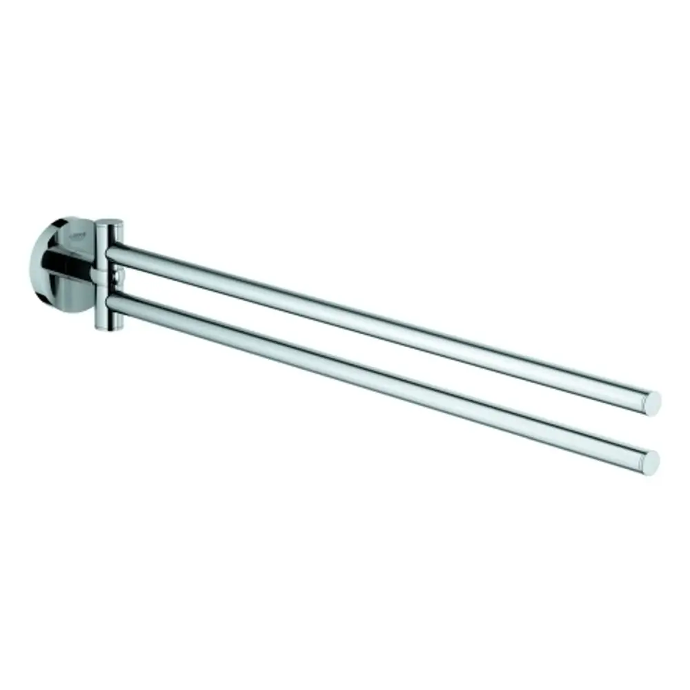 Handtuchhalter von Grohe, bestehend aus zwei horizontalen Metallstangen, die schwenkbar an einer Wandhalterung montiert sind. Oberfläche in glänzendem Chromfinish.