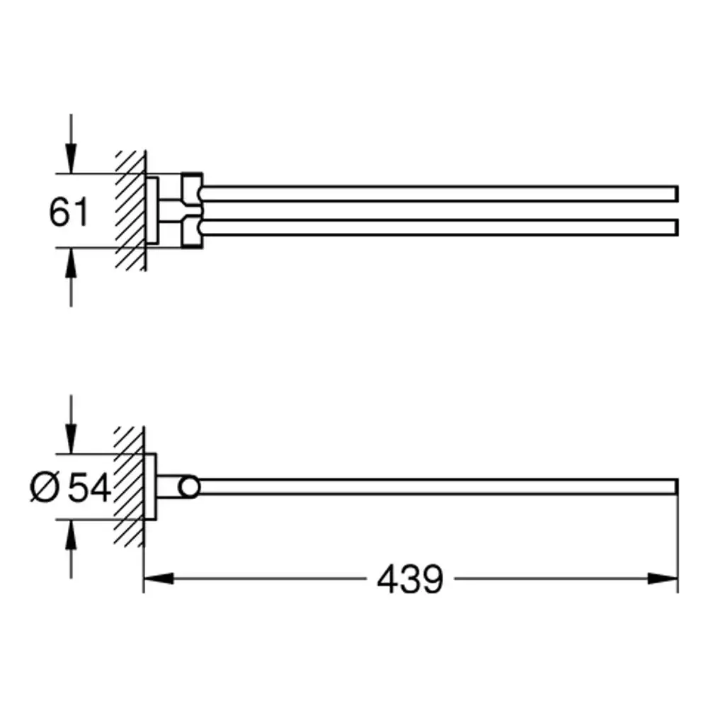 GROHE Handtuchhalter aus Metall, zweiarmig und schwenkbar, mit klaren Strukturen und gesetzten Maßen, in einer schematischen Darstellung.