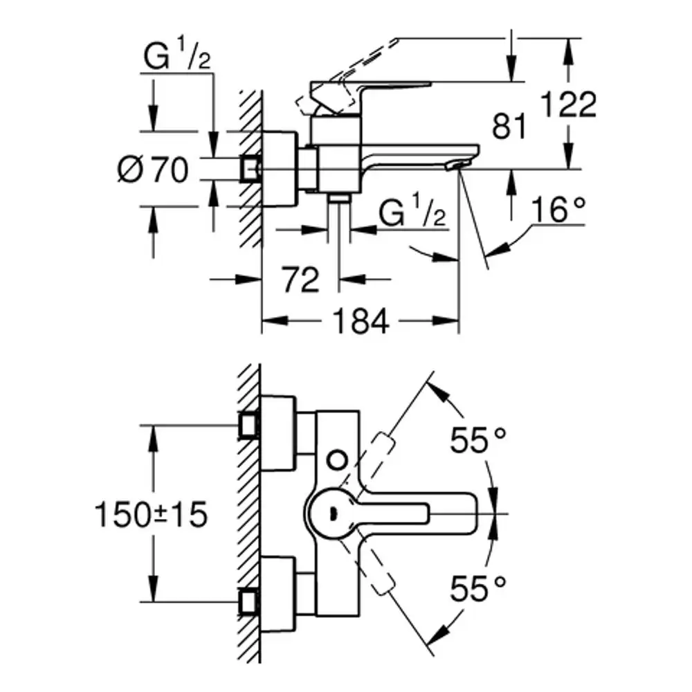 Chromfarbene Wandbatterie von Grohe mit verschiedenen Anschlussmaßen und Winkeln für die Installation. Schalt- und Steuermechanismen in technischer Darstellung.