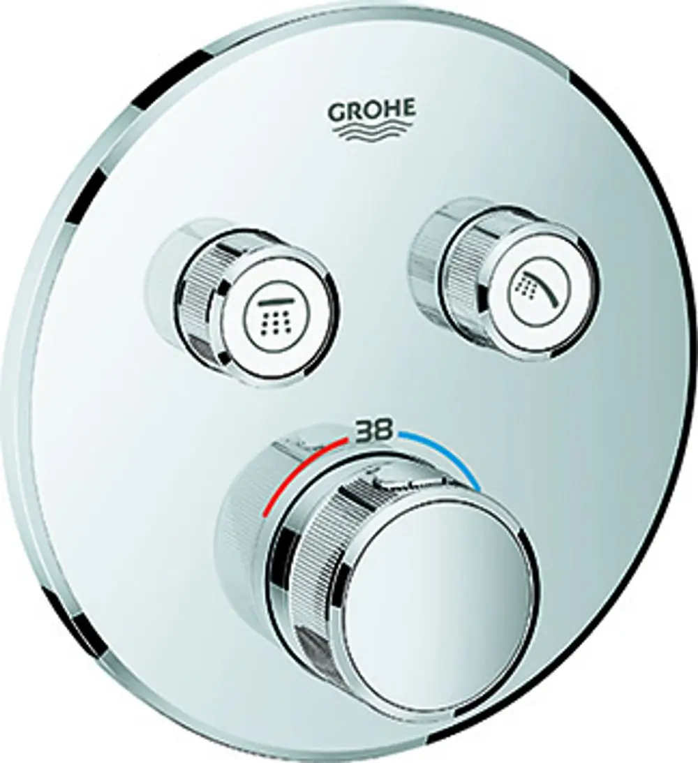 Runder Chrom-Thermostat mit zwei Absperrventilen, ausgestattet mit einem Temperaturregler und Symbolen für Dusch- und Badewannenfunktion, Marke Grohe.