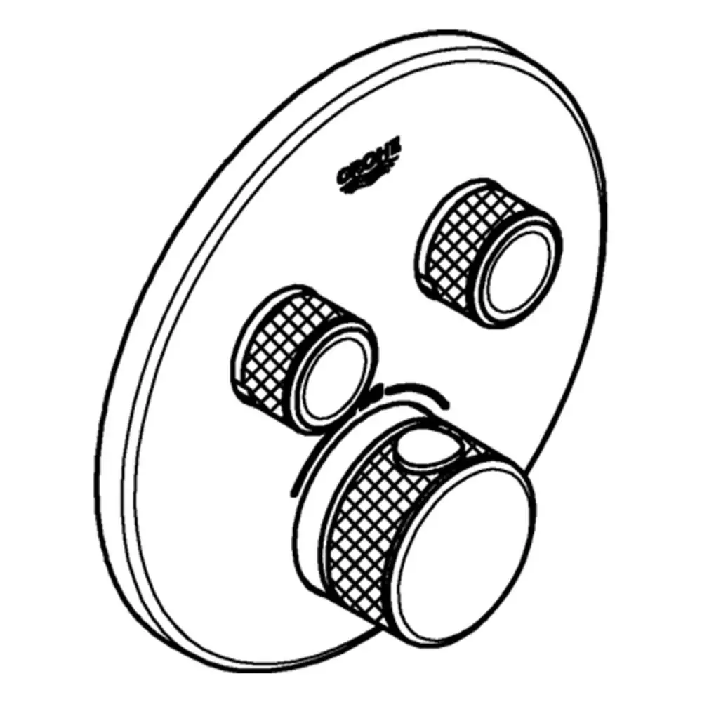 GROHE Thermostat mit runder Blende und drei Bedienelementen in einem einfachen Design. Sichtbare Absperrventile in der Mitte und seitlich angeordnet.