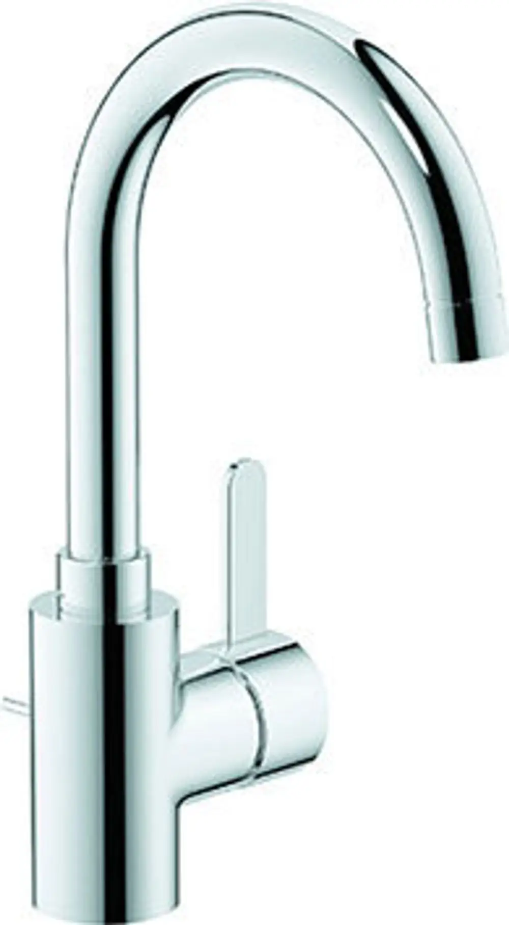 Grohe-Waschtischarmatur in glänzendem Chromfinish mit einem geschwungenen Auslauf und einem seitlichen Hebel zur Wasserregelung.
