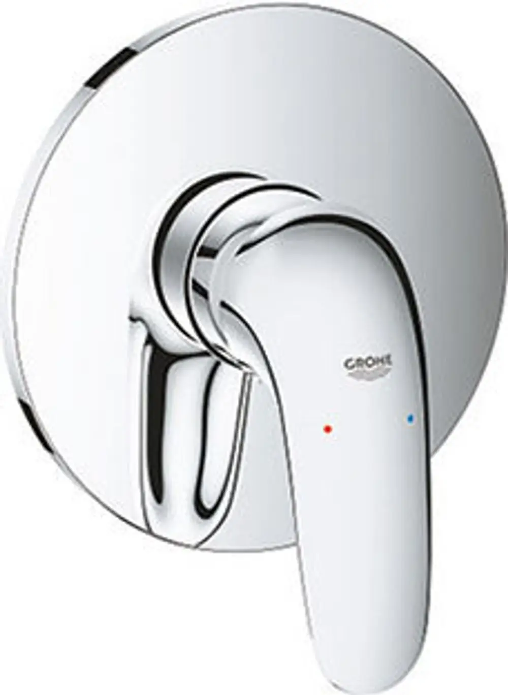 GROHE-Wannenarmatur mit runder Wandplatte und einem verchromten Hebel. Ein roter und ein blauer Punkt zeigen die Temperatur an.
