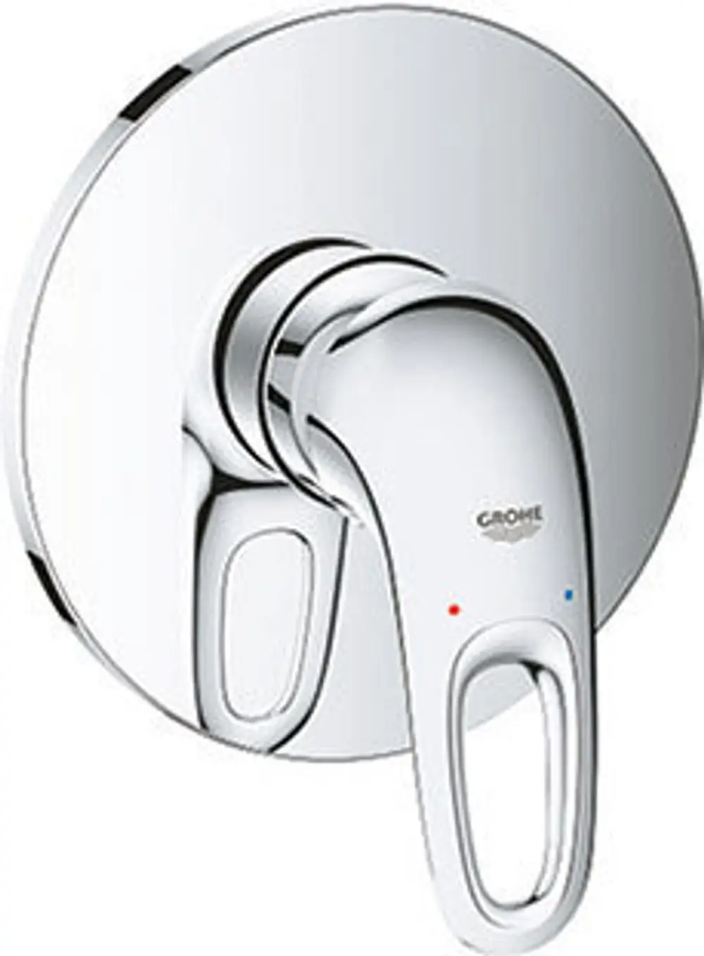 Chromfarbener Wasserhahn von Grohe mit einem Hebel zur Temperatur- und Wassermengenregulierung, montiert auf einer runden Wandplatte.
