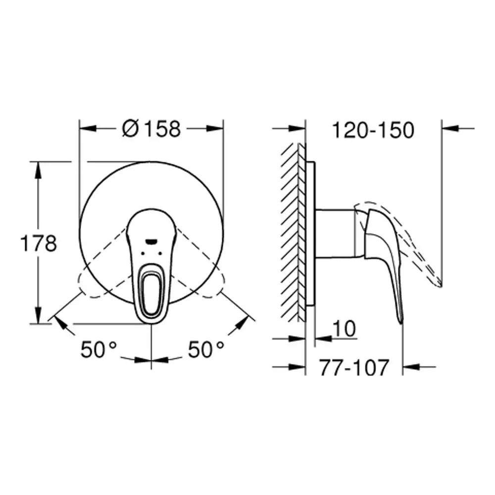 Grohe Brausebatterie mit einem runden Gesicht und einem Hebel. Maße und Installationsdetails sind in der Zeichnung angegeben.