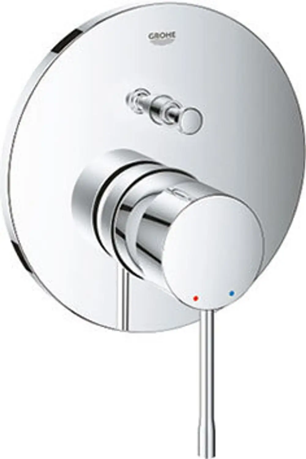 Wannenbatterie von Grohe mit runder Wandplatte und einem bedienbaren Hebel zur Temperatur- und Wassermengenregulierung. Gehäuse in glänzendem Chrom-Finish.
