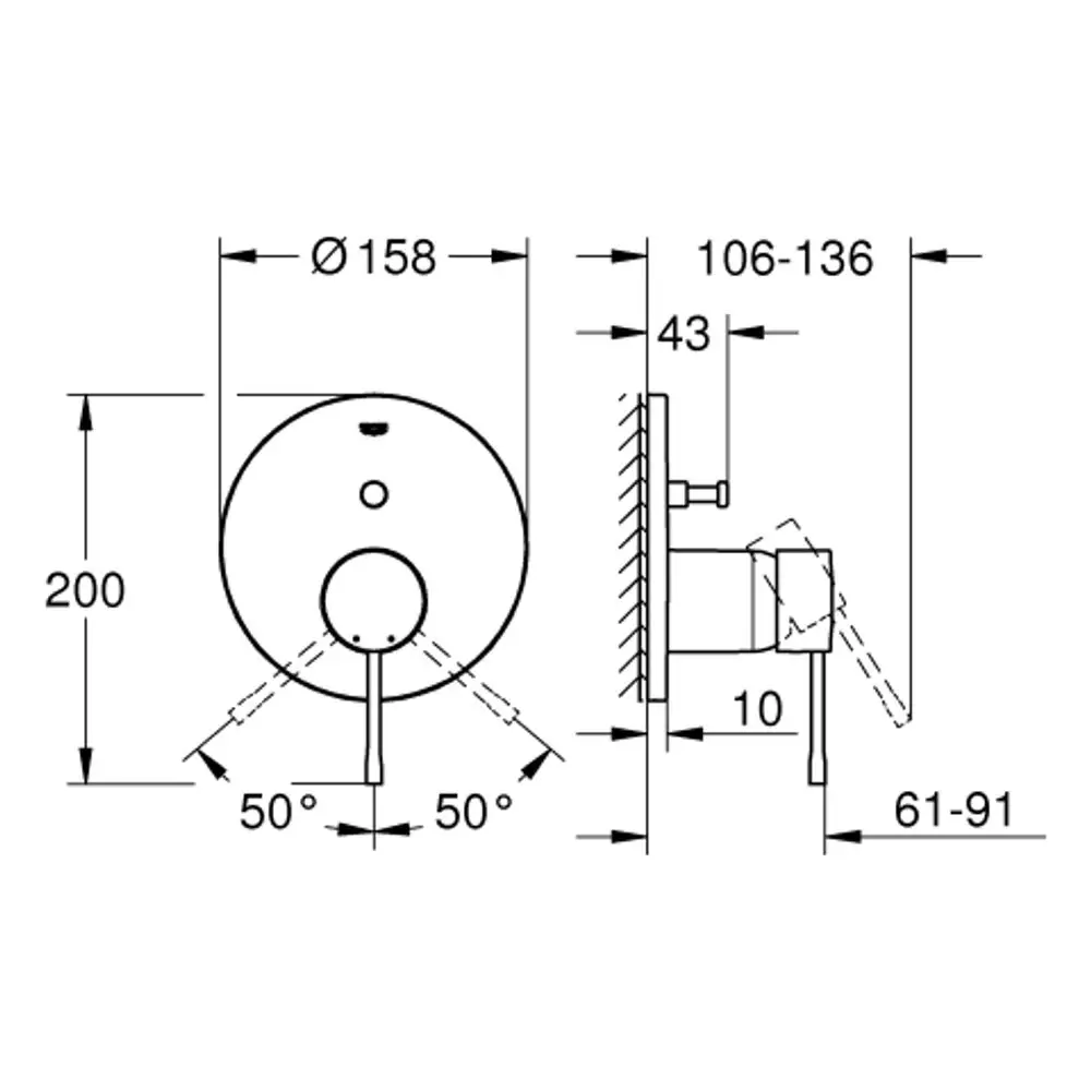 GROHE Mischbatterie mit rundem Bedienfeld und zwei integrierten Hebeln. Sichtbare Maße und Montagepunkte sind in technischer Zeichnung dargestellt.