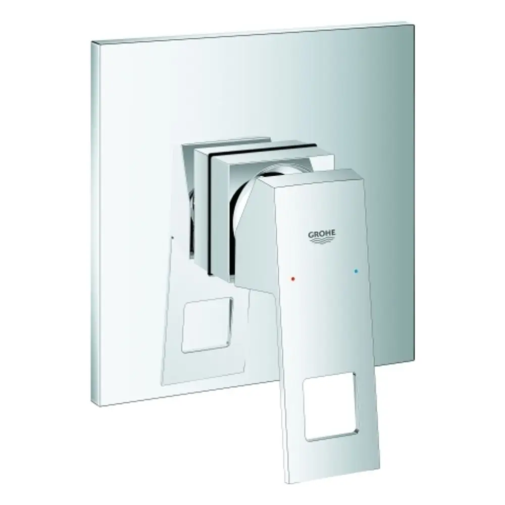 Grohe-Wannenarmatur mit zwei Bedienungselementen für Temperatur- und Wasserflussregelung, montiert auf einer rechteckigen Wandplatte in Chrom-Optik.