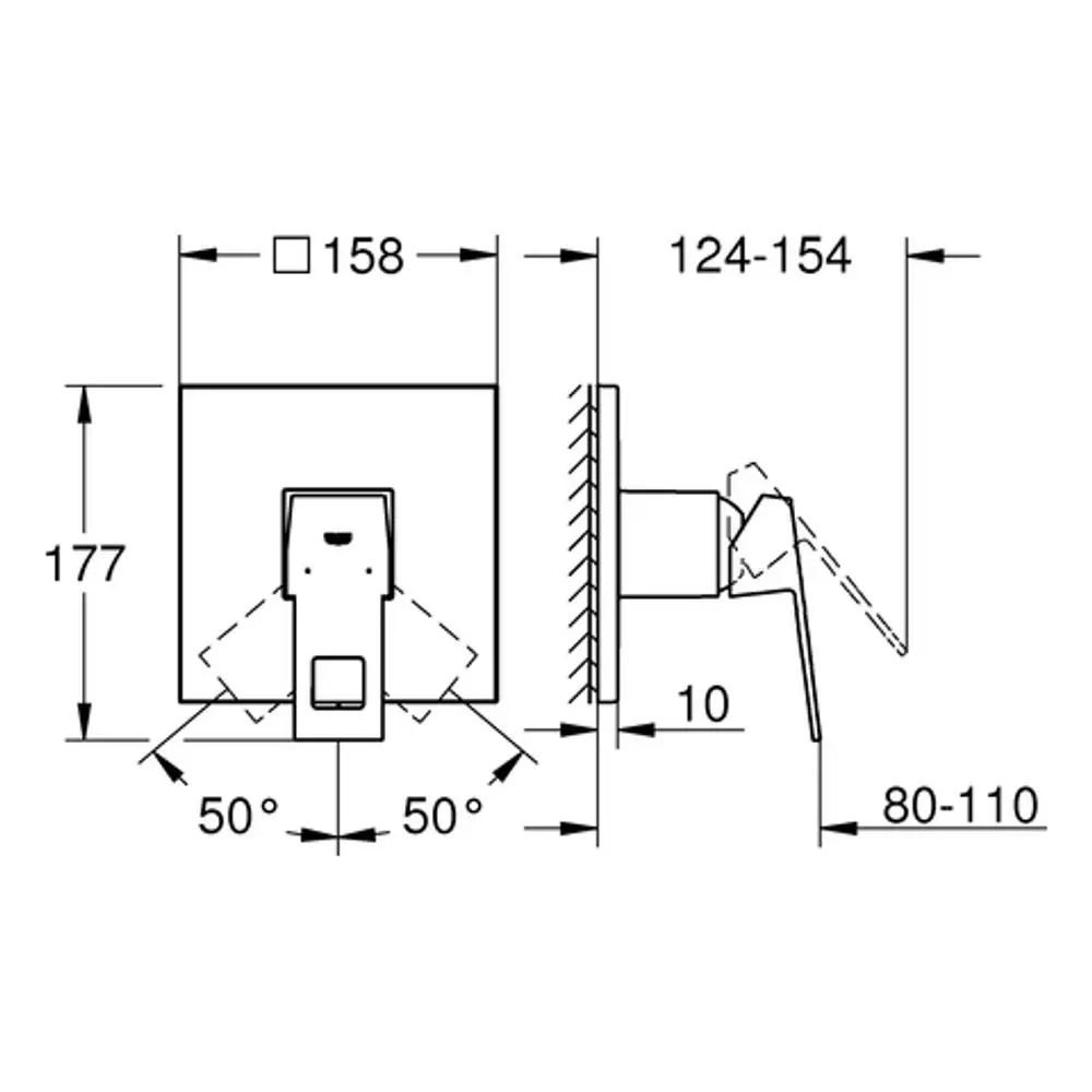Technische Zeichnung einer Grohe Brausebatterie mit Abmessungen, seitlicher Ansicht und Montageinformationen. Sichtbare Winkelmöglichkeiten und Anschlussdetails sind dargestellt.