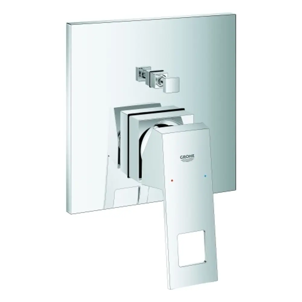 Grohe-Wannenbatterie mit verchromter Oberfläche, einer klaren Hebelsteuerung und zwei Kontrollknöpfen zur Temperatureinstellung. Montage auf einer flachen Wand.