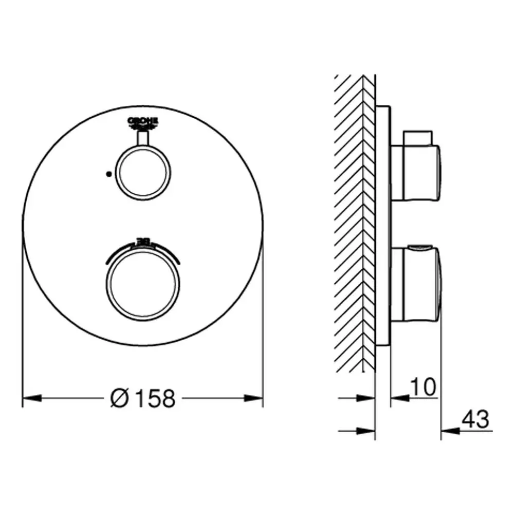 Runde Grohe-Brausebatterie mit zwei Anschlüssen, dargestellt in einer technischen Zeichnung. Sichtbare Maße und Montagehinweise sind enthalten.