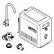 GROHE Wasseranschlussset mit verschiedenen Bauteilen, darunter ein Auslauf, ein Ventil und ein Wasserfilter, in schematischer Darstellung.