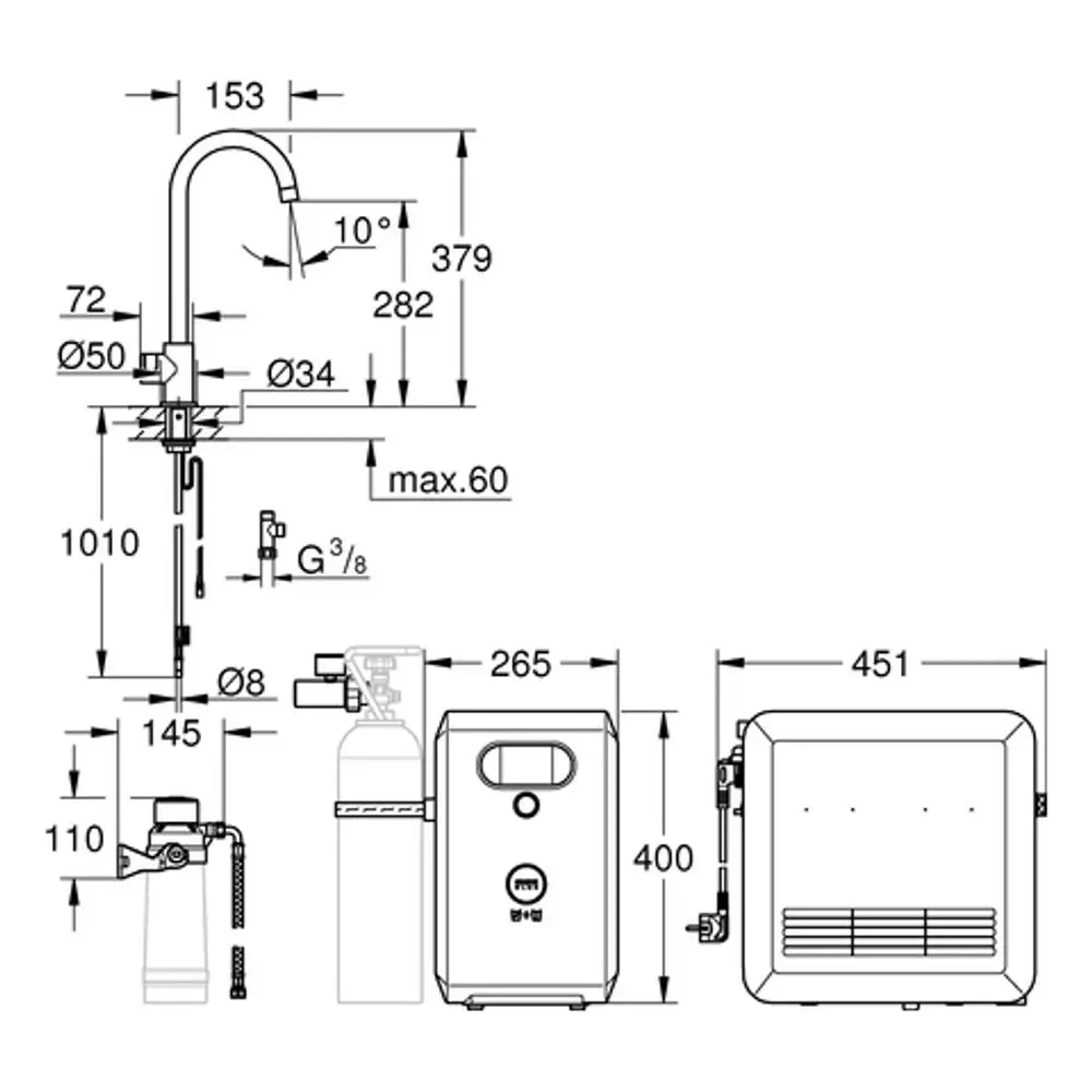 GROHE Armatur mit höhenverstellbarem Auslauf, +/- 10° drehbar. Anbindung an eine Wassertank-Einheit, vertikale Anordnung mit entsprechenden Maßen und Anschlussmöglichkeiten.