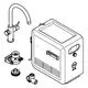 GROHE-Wassergerät in quadratischer Form mit einem Wasserhahn, mehreren Anschlusskomponenten und einem Bedienfeld, in einer schematischen Darstellung.