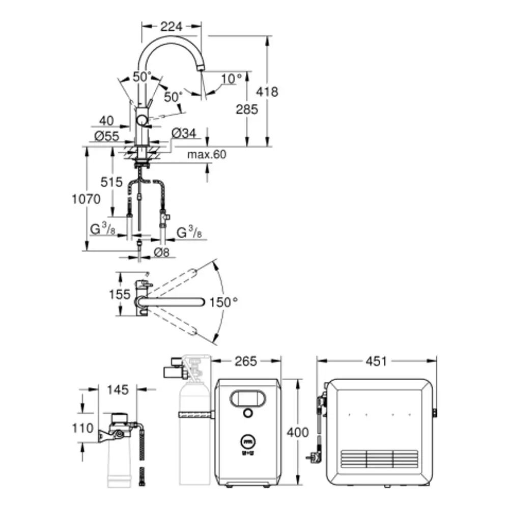 GROHE Armatur mit einem hohen Auslauf und einem Hebelgriff, abgebildet in einer technischen Zeichnung mit Maßanweisungen und Anschlussdetails für die Installation.