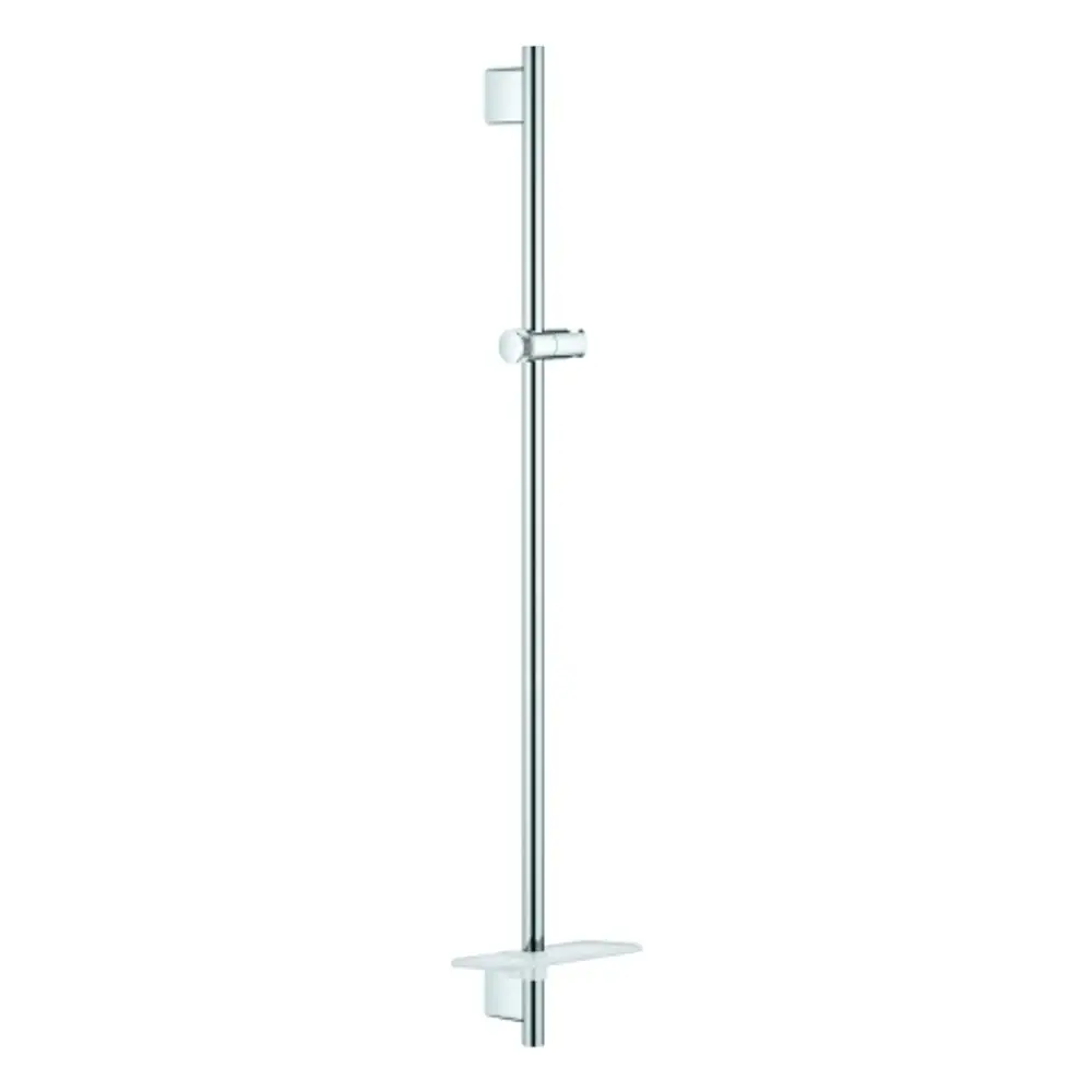 Vertikale Duschstange aus glänzendem Metall, mit Halterungen und Ablagefläche. Produkt von Grohe für die Montage in Duschbereichen.