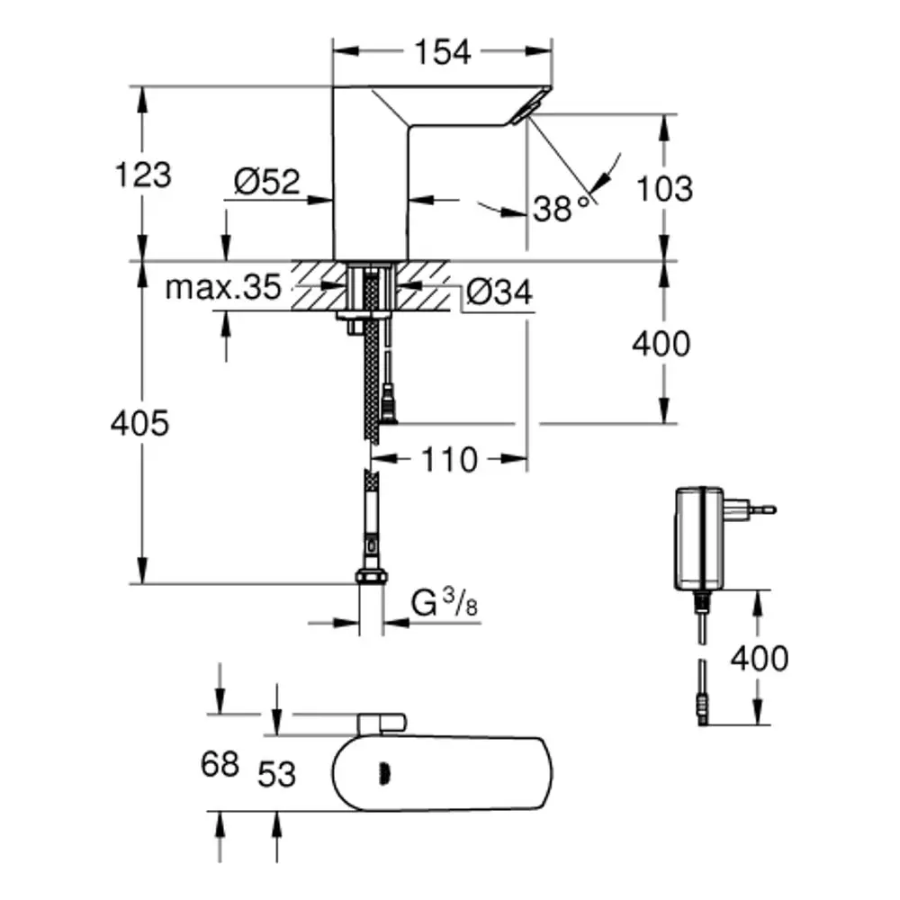GROHE-Wasserfluss-Elektronik mit Mischfunktion, vertical montiert. Sichtbare Maße und Anschlussdetails sind im Diagramm dargestellt, geeignet für moderne Badezimmer.