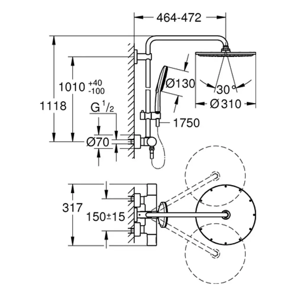 Duschsystem mit Kopf- und Handbrause, Montageschema mit verschiedenen Maßen und Rohrleitungen, hergestellt von Grohe.