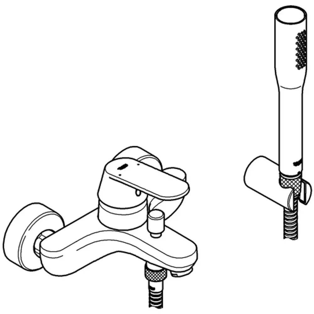 CHROMFARBE Grohe Einhand-Wannenbatterie mit integriertem Umsteller und brausegarnitur für Wandmontage. Sichtbare Anschlüsse und Bedienelemente.