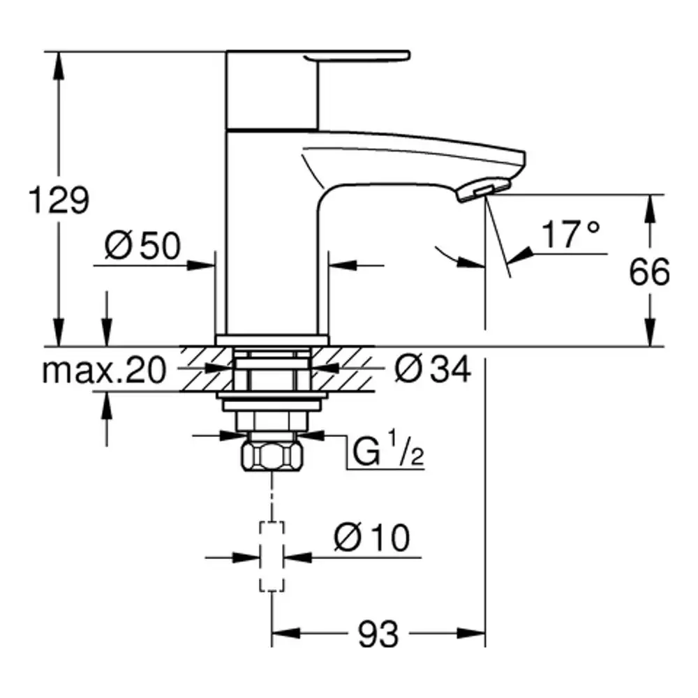 Chromfarbenes Standventil von Grohe mit einer klaren, funktionalen Form. Die technische Zeichnung zeigt verschiedene Maße und Montagepunkte für die Installation.