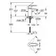 Grohe Wasserhahn mit chromierter Oberfläche, Abmessungen und Montagehinweise schematisch dargestellt. Enthält Maße für Höhe, Durchmesser und Hebelbewegung.