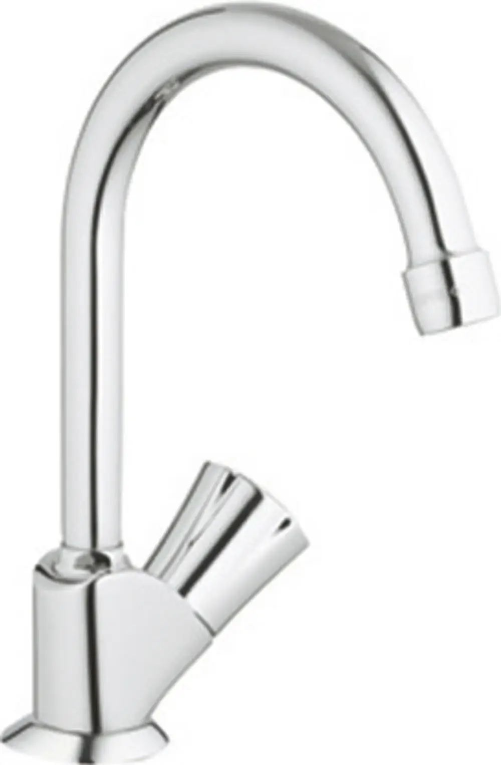 Chromfarbener Standventil mit geschwungenem Auslauf und seitlichem Hebel, hergestellt von Grohe. Ideal für verschiedene Anwendungen im Sanitärbereich.