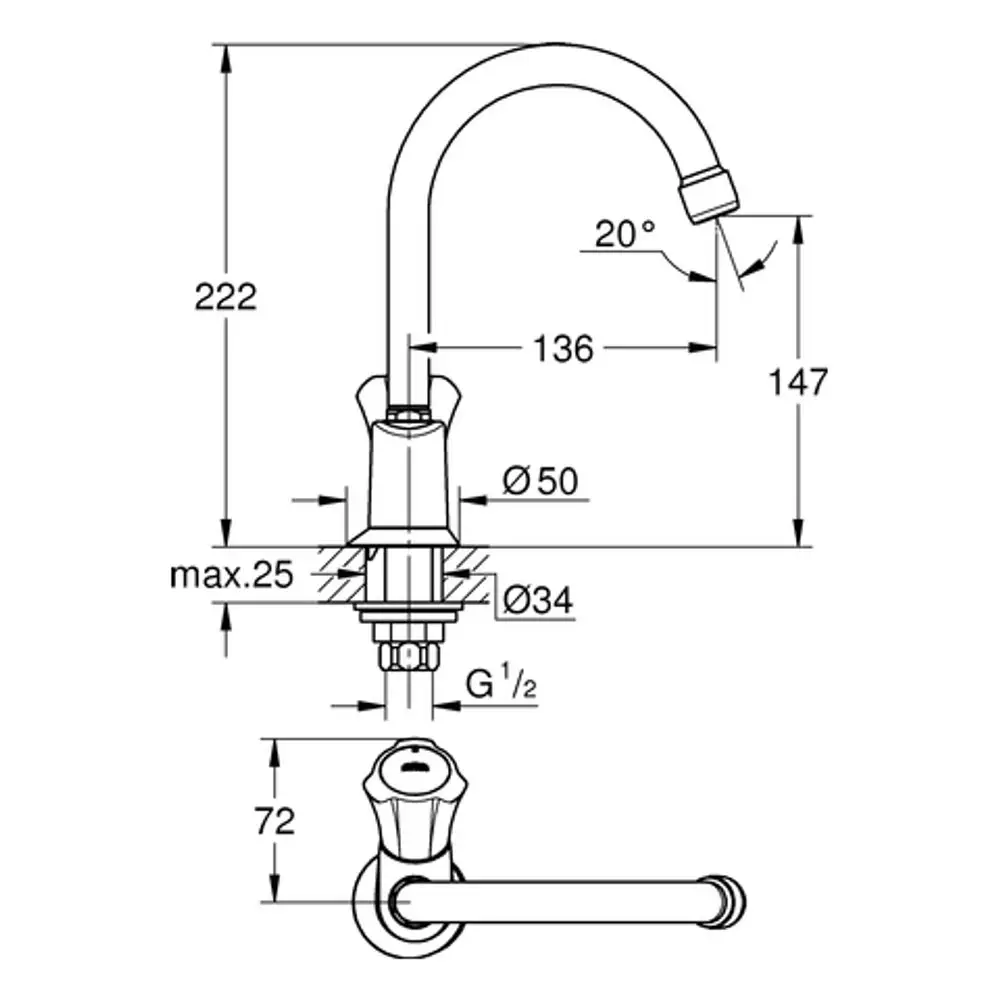 GROHE Standventil mit einem Schwenkauslauf und einer blauen Markierung, ausgestattet mit einem Griff. Das Design zeigt eine klassische Form und Funktionalität.