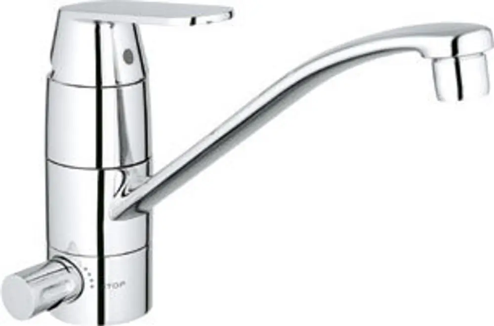Grohe Küchenarmatur mit flachem Auslauf und Absperrventil in Chromoptik. Der Wasserhahn verfügt über einen Hebel zur Regulierung des Wasserflusses.