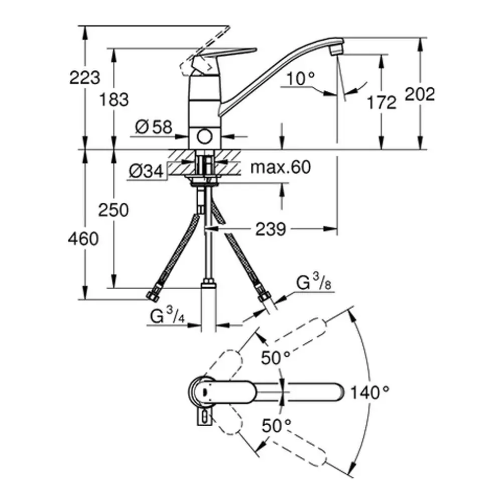 Grohe Wasserhahn mit flachem Auslauf und Absperrventil. Technische Zeichnung zeigt Maße und Bewegungswinkel des Auslaufs. Komponenten sind gezeichnet und beschriftet.