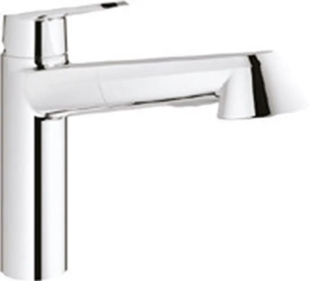 Grohe Wasserhahn mit flachem Auslauf und Spülbrause in verchromter Ausführung. Funktionales Design für moderne Küchen.
