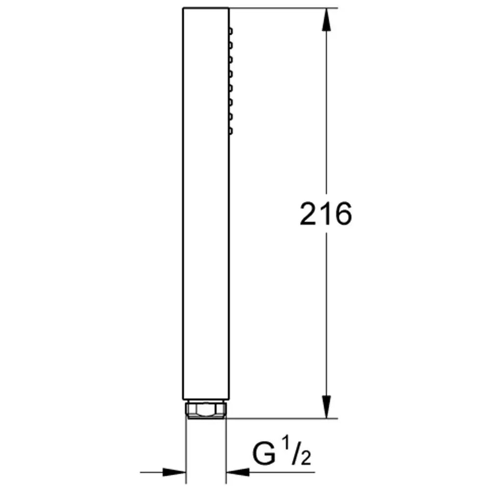 GROHE Handbrause in schlankem Design, mit vertikaler Anordnung und einem Anschlussmaß von G½. Abbildung zeigt die technische Zeichnung aus der Seitenansicht.