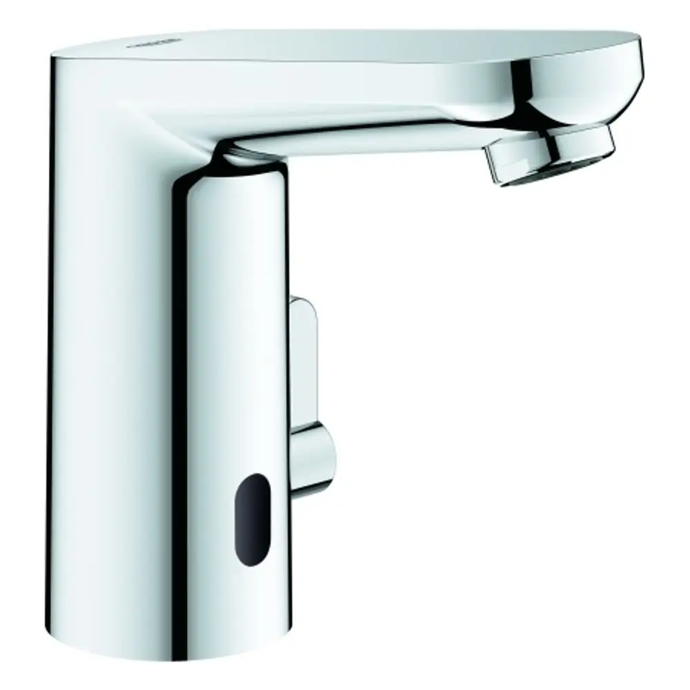 Hochglänzender, chromfarbiger Wasserhahn von Grohe mit seitlichem Hebel zur Temperaturregelung und einem Sensor für berührungsloses Bedienen.