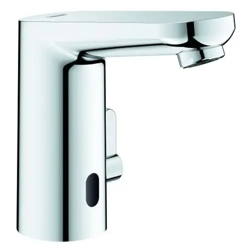 Hochglänzender, chromfarbiger Wasserhahn von Grohe mit seitlichem Hebel zur Temperaturregelung und einem Sensor für berührungsloses Bedienen.