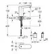 Chromfarbener Grohe Wasserhahn mit verschiedenen Maßangaben, Montageskizze und technischen Details zur Installation.
