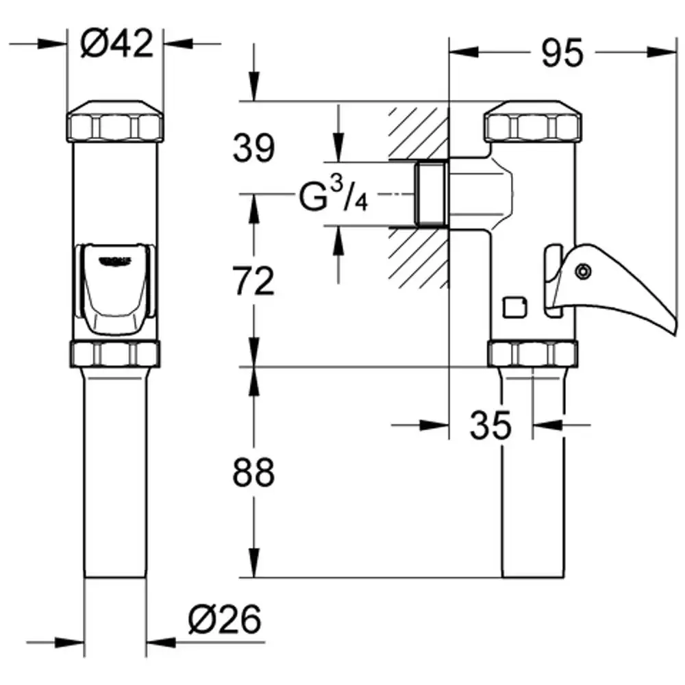 GROHE Spülanlage in chrom mit einem Bedienhebel, montiert auf einer Wand. Sichtbare Maße und Anschlussdetails sind im technischen Diagramm dargestellt.