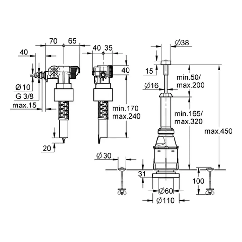 Technische Zeichnung eines Grohe Produktes mit drei verschiedenen Ventiltypen, dargestellt in einer schematischen Ansicht mit Dimensionen und Anschlussmöglichkeiten.