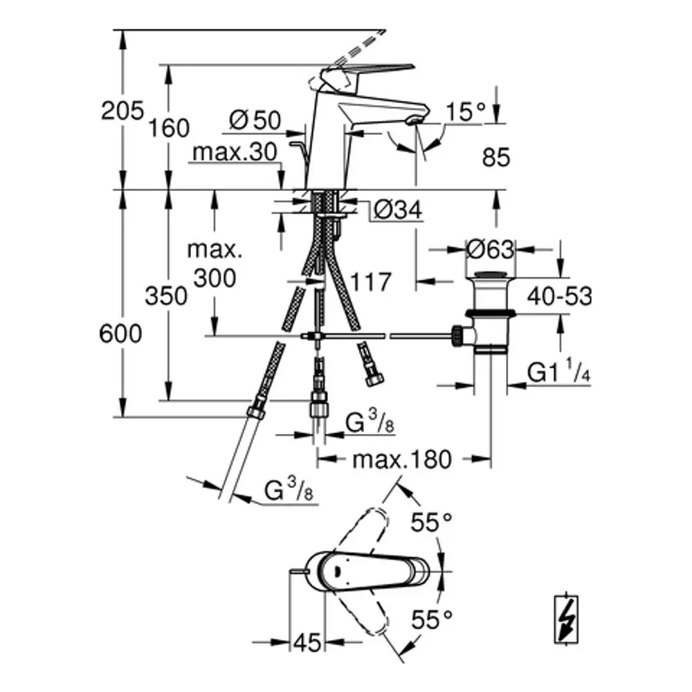 Grohe Wasserhahn mit integrierter Zugstangen-Ablaufgarnitur. Das technische Diagramm zeigt Verbindungselemente, Maße und Winkel. Detailansicht für Montage und Installation.
