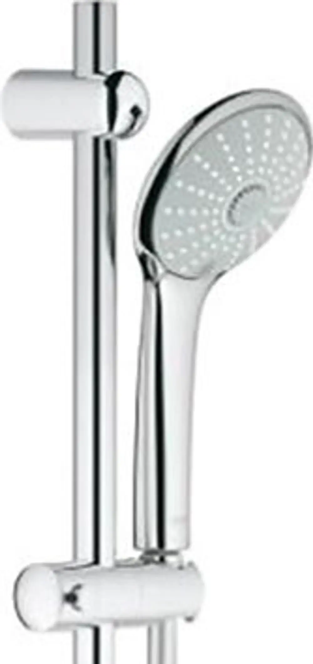 Grohe Duschset mit Handbrause, Halterung und integrierter Seifenschale. Die Chrom-Oberfläche reflektiert Licht und sorgt für eine saubere Optik im Badezimmer.