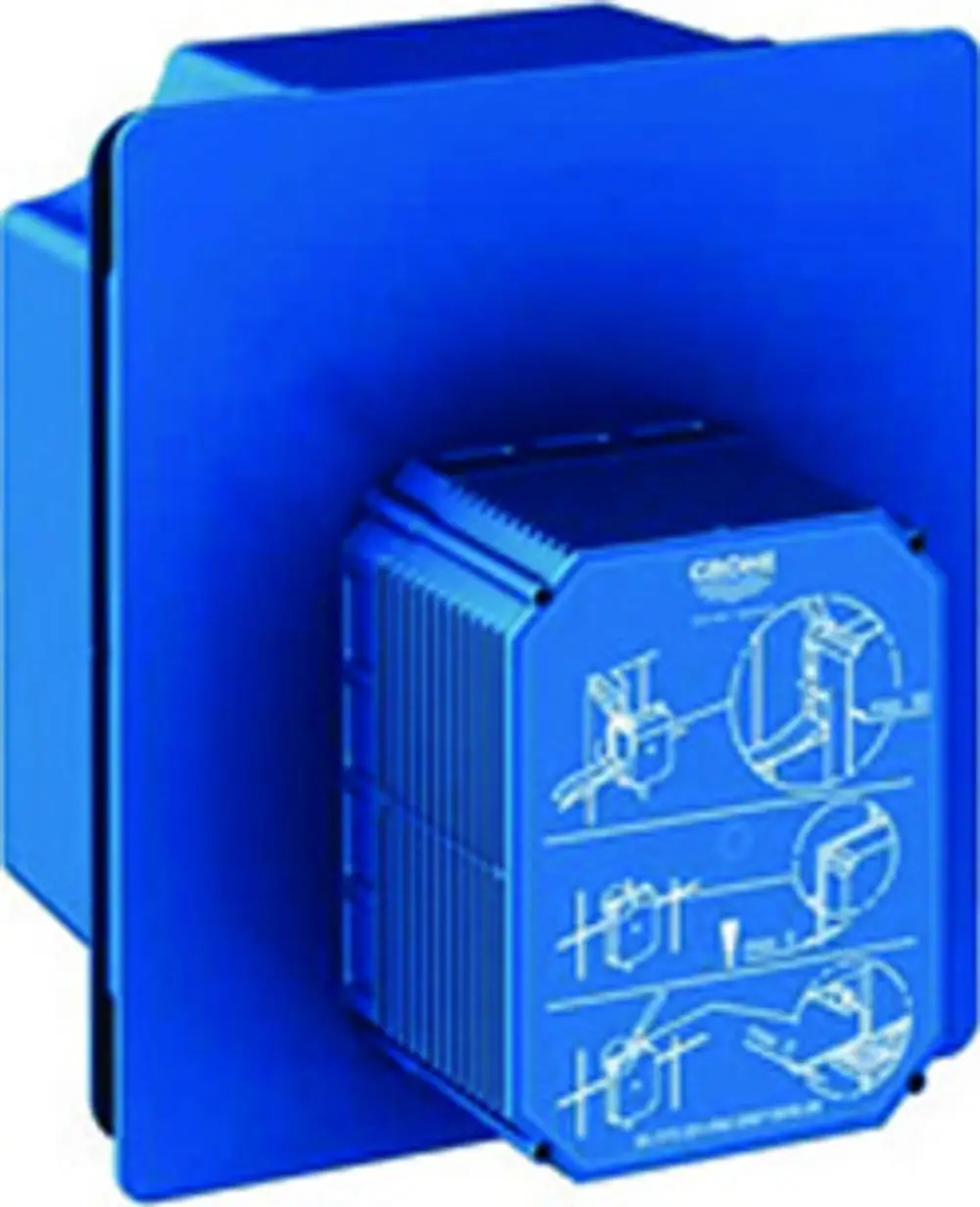 GROHE Urinal-Rohbauset in blau mit Montageanleitung auf der Frontseite. Das Set ist für die Installation von Urinalen konzipiert und enthält verschiedene Anschlüsse.
