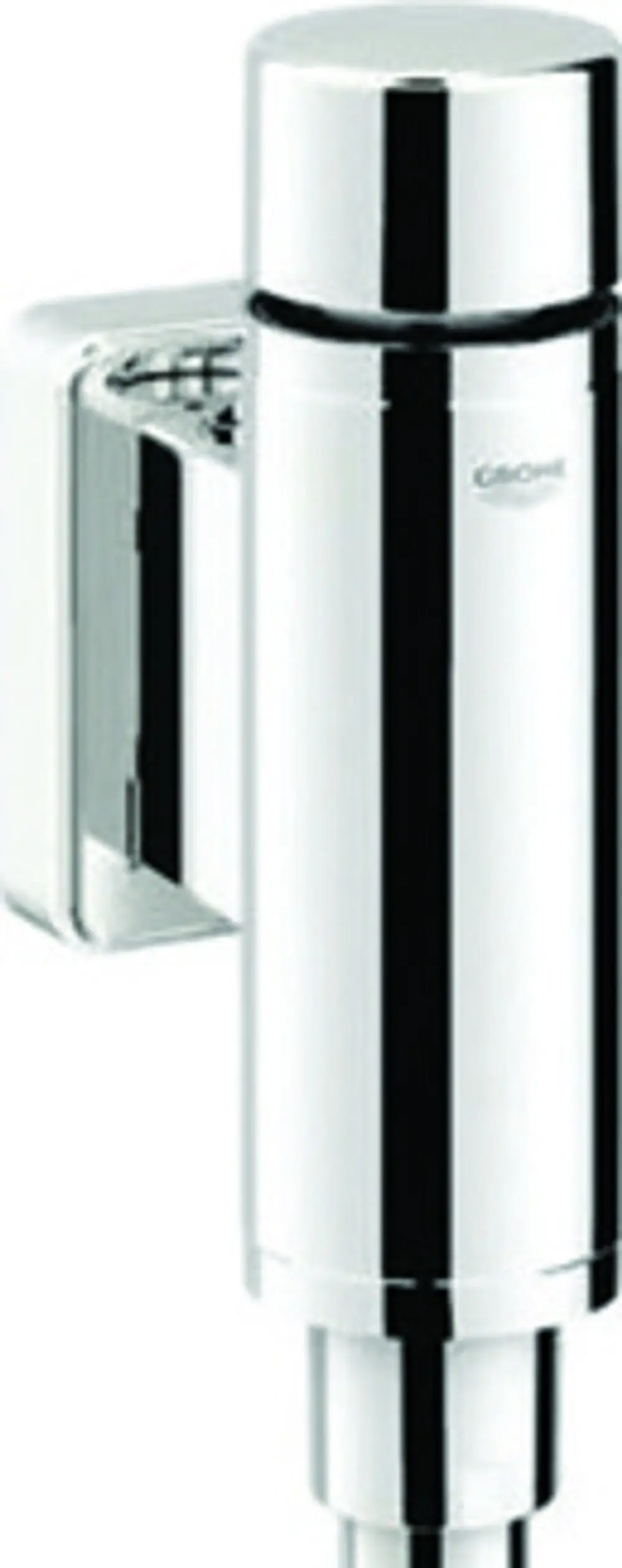 Grohe Urinal-Druckspüler mit glänzender chromfarbener Oberfläche und integrierter Vorabsperrung, montiert an einer Wand.