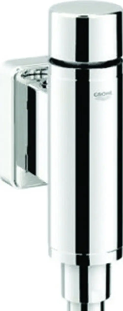 Grohe Urinal-Druckspüler mit glänzender chromfarbener Oberfläche und integrierter Vorabsperrung, montiert an einer Wand.